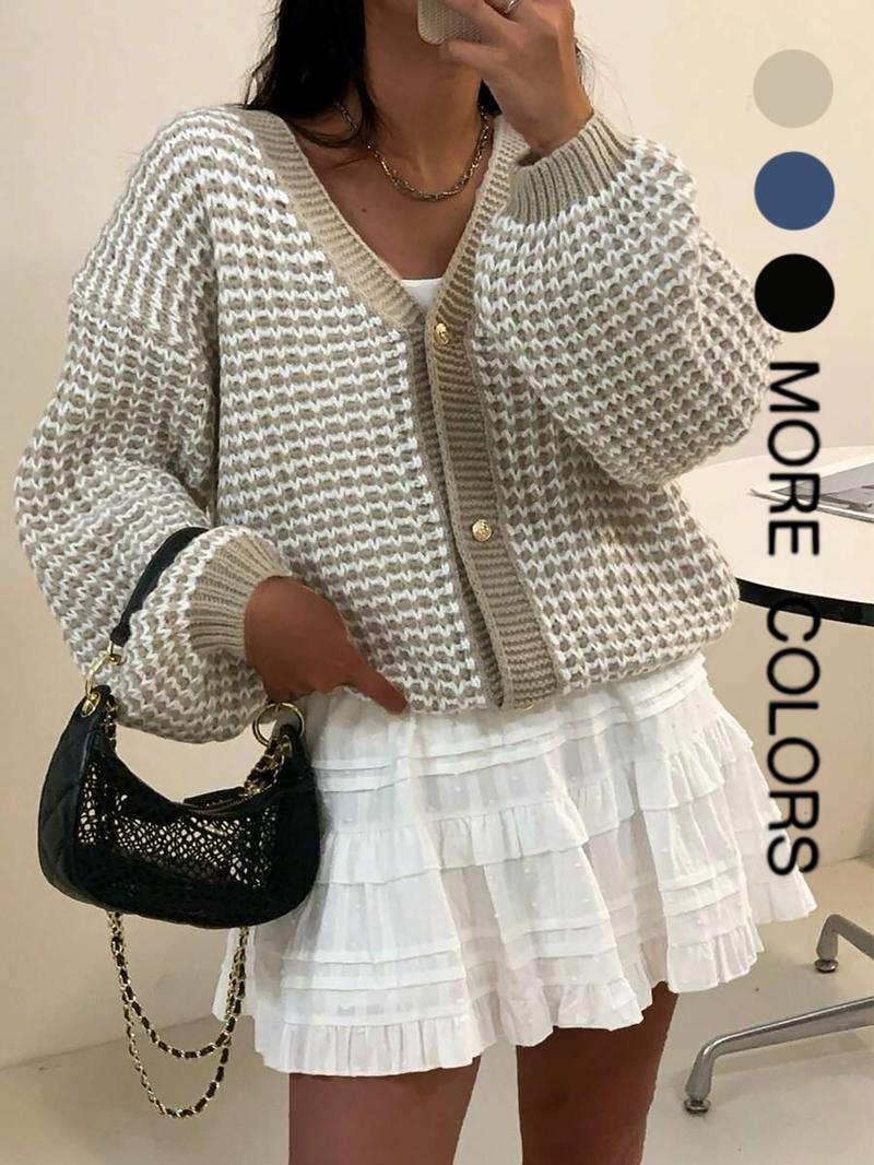 Women's V-Neck Long-Sleeve Sweater Cardigan, Thick Knit Loose-Fit Colorblock Design, Casual Fashion Outerwear for Fall and Winter