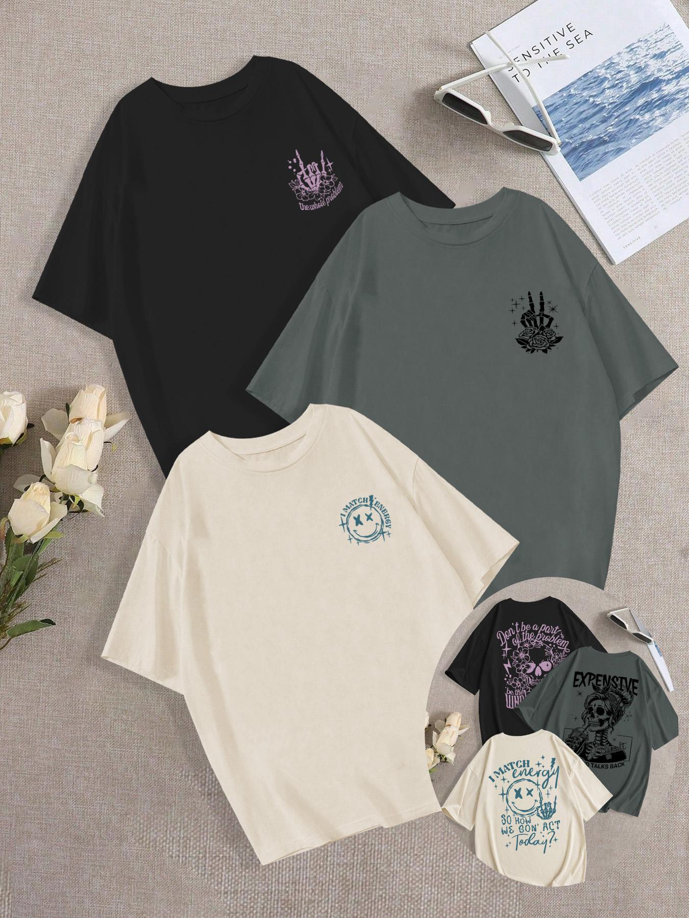 Breathable Soft Casual Streetwear Loose-Fit Round Neck Skull Girl Print Knit T-Shirt Set, Summer Fashion Comfortable Versatile Everyday Graphic Top, Pack of 3, Casual Everyday Tops