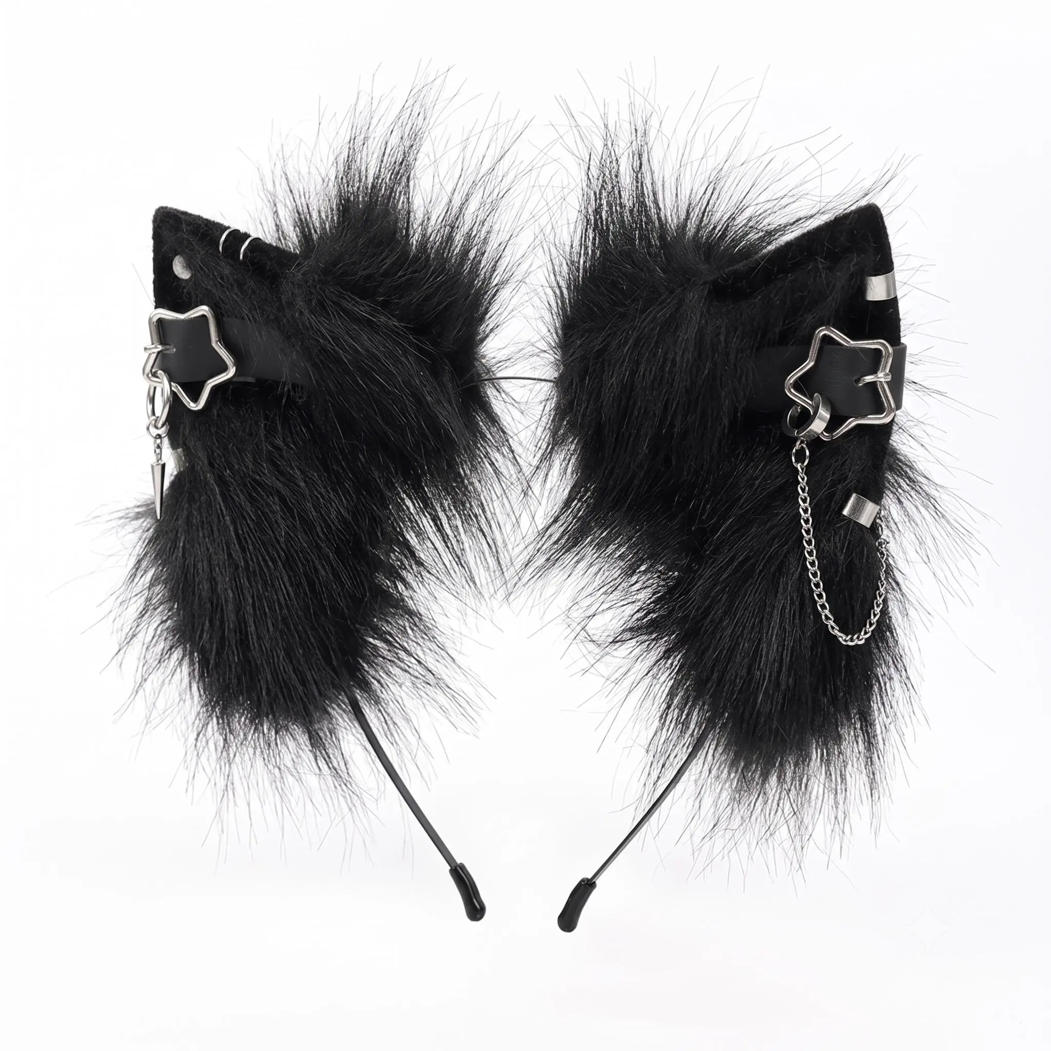 Gothic Punk Plush Ears Sports Headband - Fluffy Faux Fur Cosplay Headpiece with Chain, Star Charms for Halloween, Anime Party, Headbands