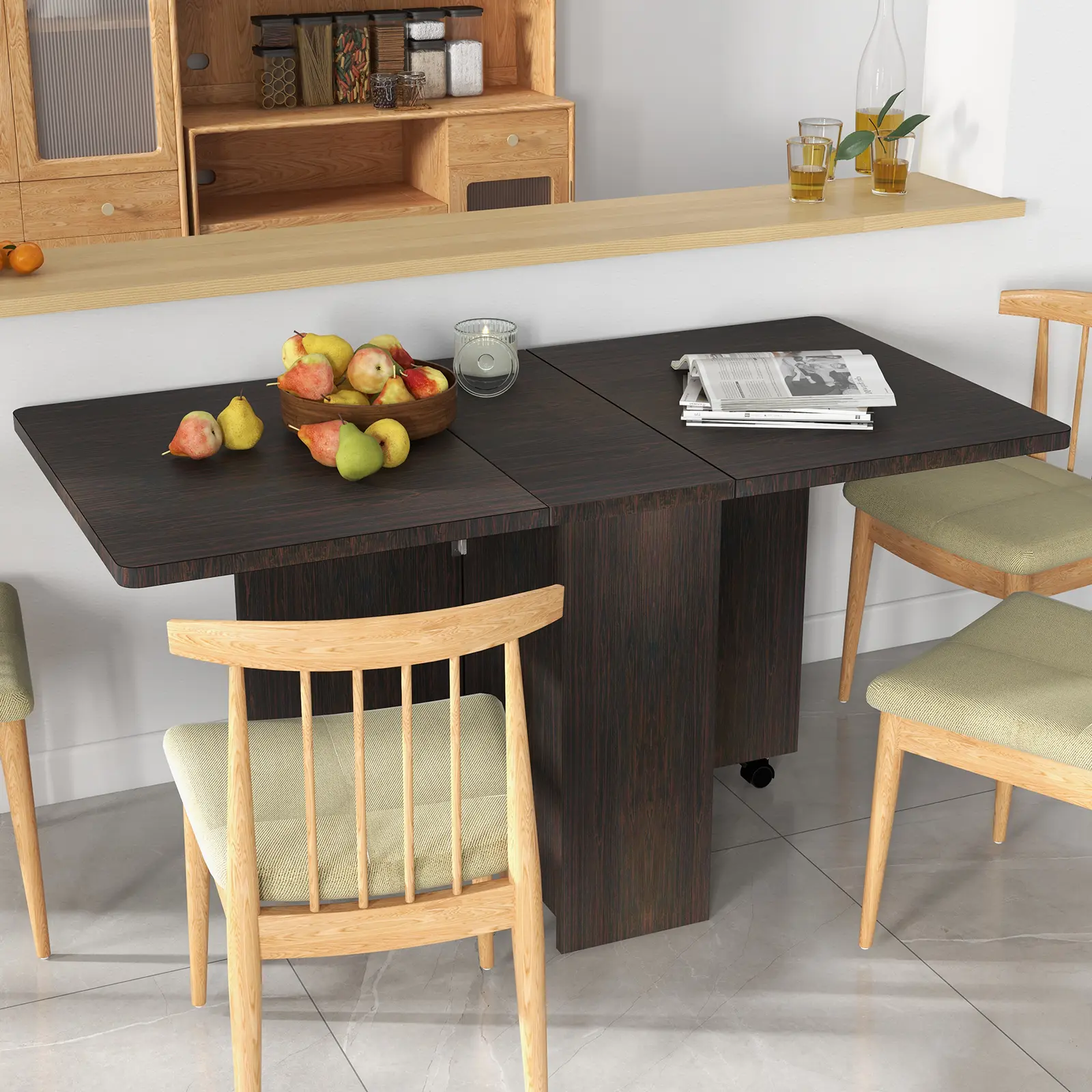 Space‑Saving Drop‑Leaf Folding Dining Table, 6 Lockable Wheels and 2‑Tier Storage Shelf, Extendable Collapsible Kitchen Dining Table for 4 People, 47.2 x 23.6 x 29.5 in for Small‑Space Homes