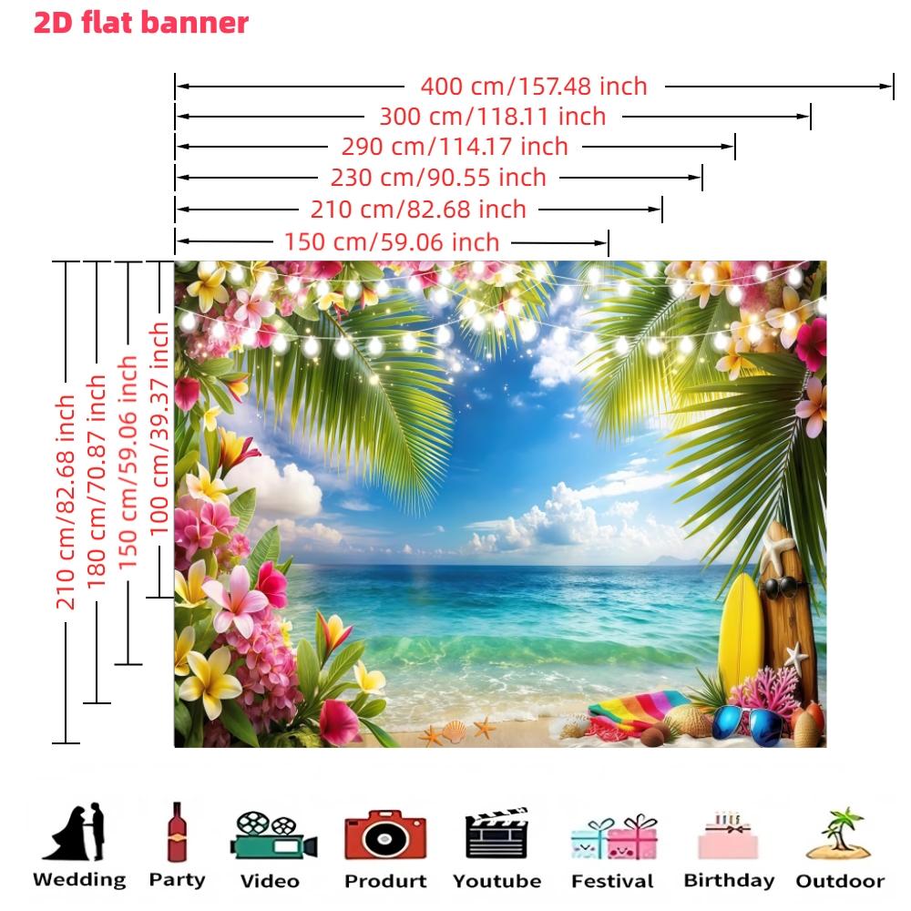 Summer Hawaiian Beach Background Banner, Sky, Ocean Tropical Flowers Palm Leaves, Surfboard Photography Background, Suitable for Hawaiian Party Decoration Banner, Living Room, Bedroom, Office and Outdoor Decoration, Party, Seasonal Decoration