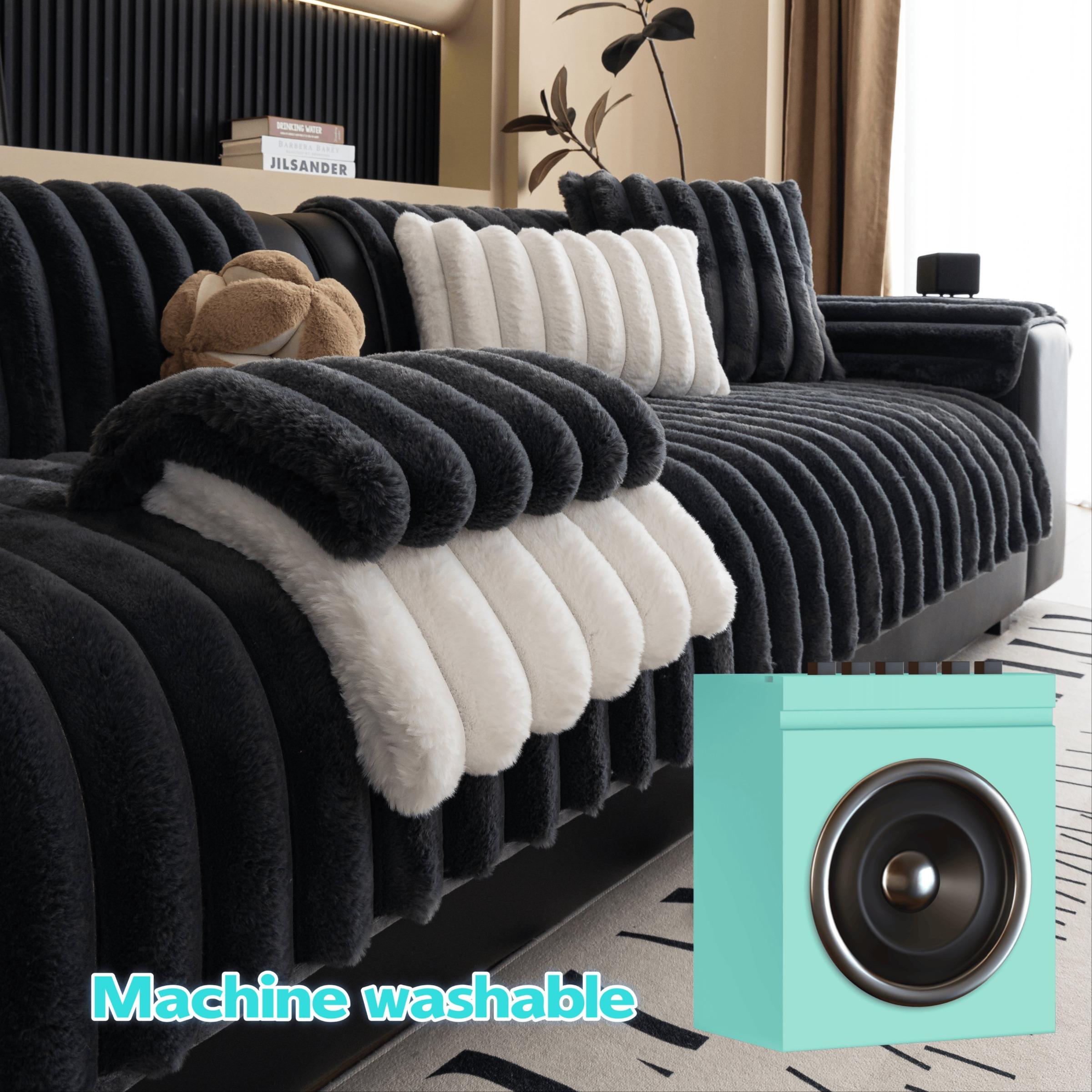 Solid Colour Plush Sofa Cover 1PC, Pet-Friendly Extra Thick Couch Protector, Soft Fluffy Faux Fur Sofa Pad, Non-Slip Machine Washable Anti-Scratch Furniture Throw for Living Room, Sectional, Loveseat & 3-Seater, Sofa Slipcover