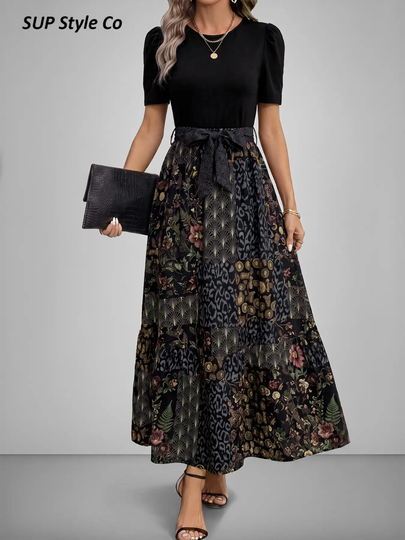 Bubble Sleeve Short Sleeve Colorblock Vintage Print Dress, Belt, Women's Loose Fit, Casual Fashion for Daily Outing & Social Events