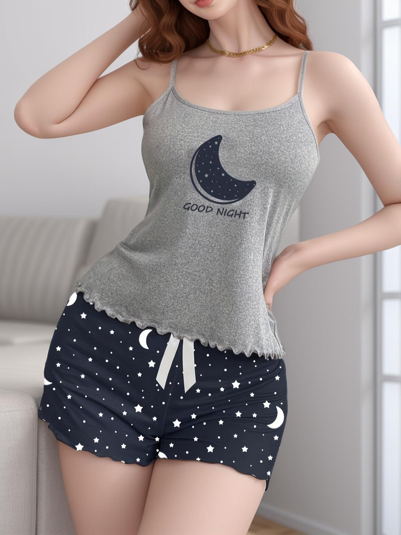 Women's Sexy Sleepwear Set, Moon Star Cami Top & Leopard Print Shorts, Soft Comfortable Lounge Wear, 2-Piece Nightdress