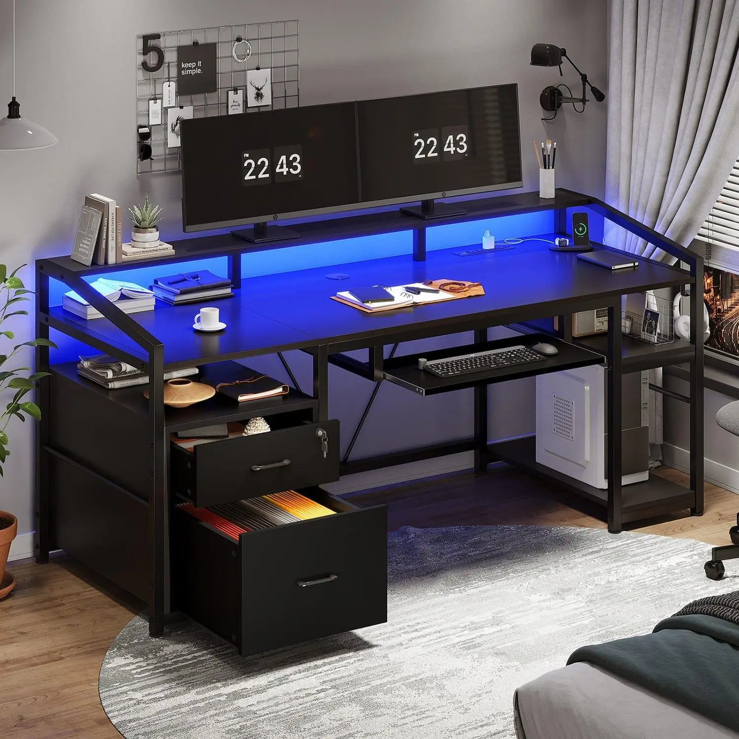 Sikaic 63-Inch Sturdy Adjustable Computer Gaming Desk - Modern Office Furniture with RGB LED Light Strip (29 Flashing Modes), File Cabinet, Lock Drawer, Monitor Stand, Keyboard Stand, 63"L x 19.7"W, for Home Office & Streamers