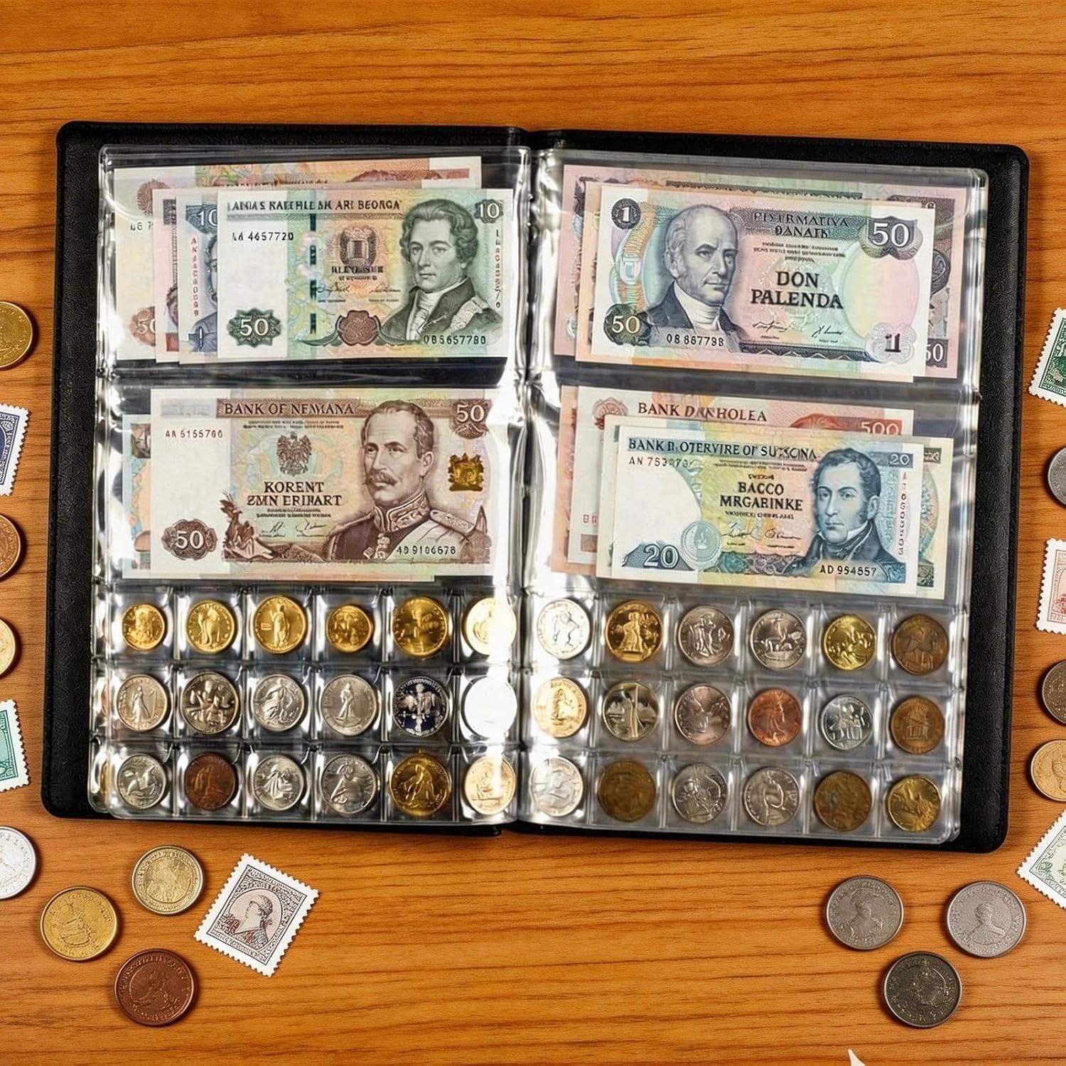 Coin Collection Album, Large Capacity Coin Currency Holder, 2-In-1 Stamp Bill Book, Coin Storage Album for Bills, Pennies, 25 Cent Coins