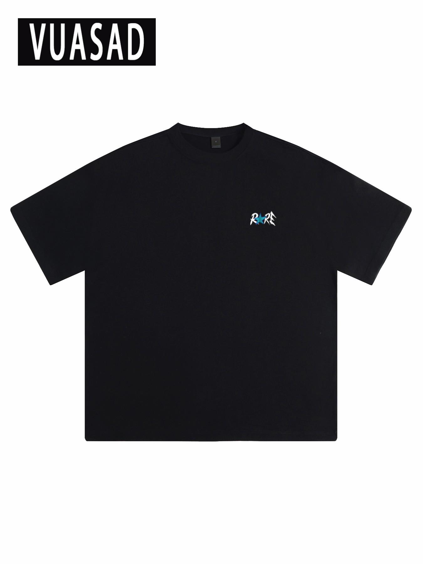 Men's Rare Star Print Cotton T-Shirt, Casual Loose-Fit Short Sleeve, Streetwear Fashion, Long Length, No Zipper or Button, Letters Pattern