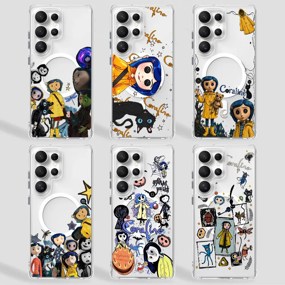 Coraline Spooky Horror Movie Magnetic Phone Case for Samsung S26/S25/S24/S23/S22/S21/S20/S10/NOTE20/NOTE10/NOTE9/PLUS/ULTRA/FE/A57/A56/A55/A54/A37/A36/A35/A34/A26/A25,MagSafe Transparent Shockproof Protective Cover,cute Halloween Gifts