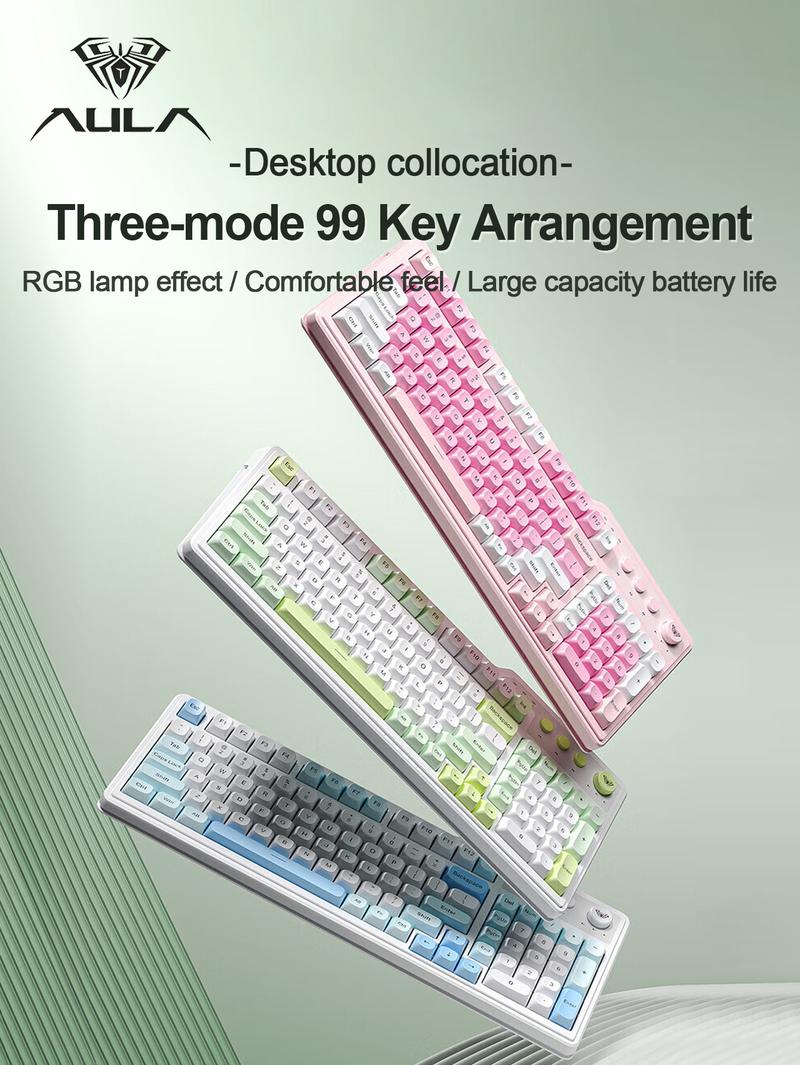 AULA F3099 three-mode, Rechargeable keyboard, 99-key layout, RGB lighting effects, color matching keycaps, ergonomic design, large-capacity battery, light-tone keys suitable for office use, multi-device compatible, plug-and-play, available for computer