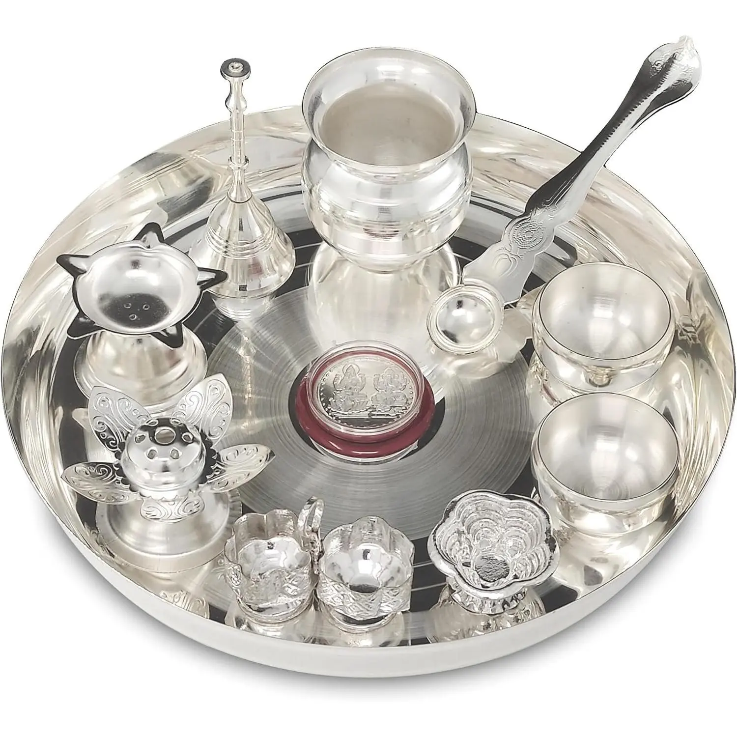 Silver Plated 8 Inch Pooja Thali Set with Plate Kalash Bowl Agarbatti Stand Palli Diya Kumkum Stand Coin for Diwali Home Mandir Office Wedding Return Gift