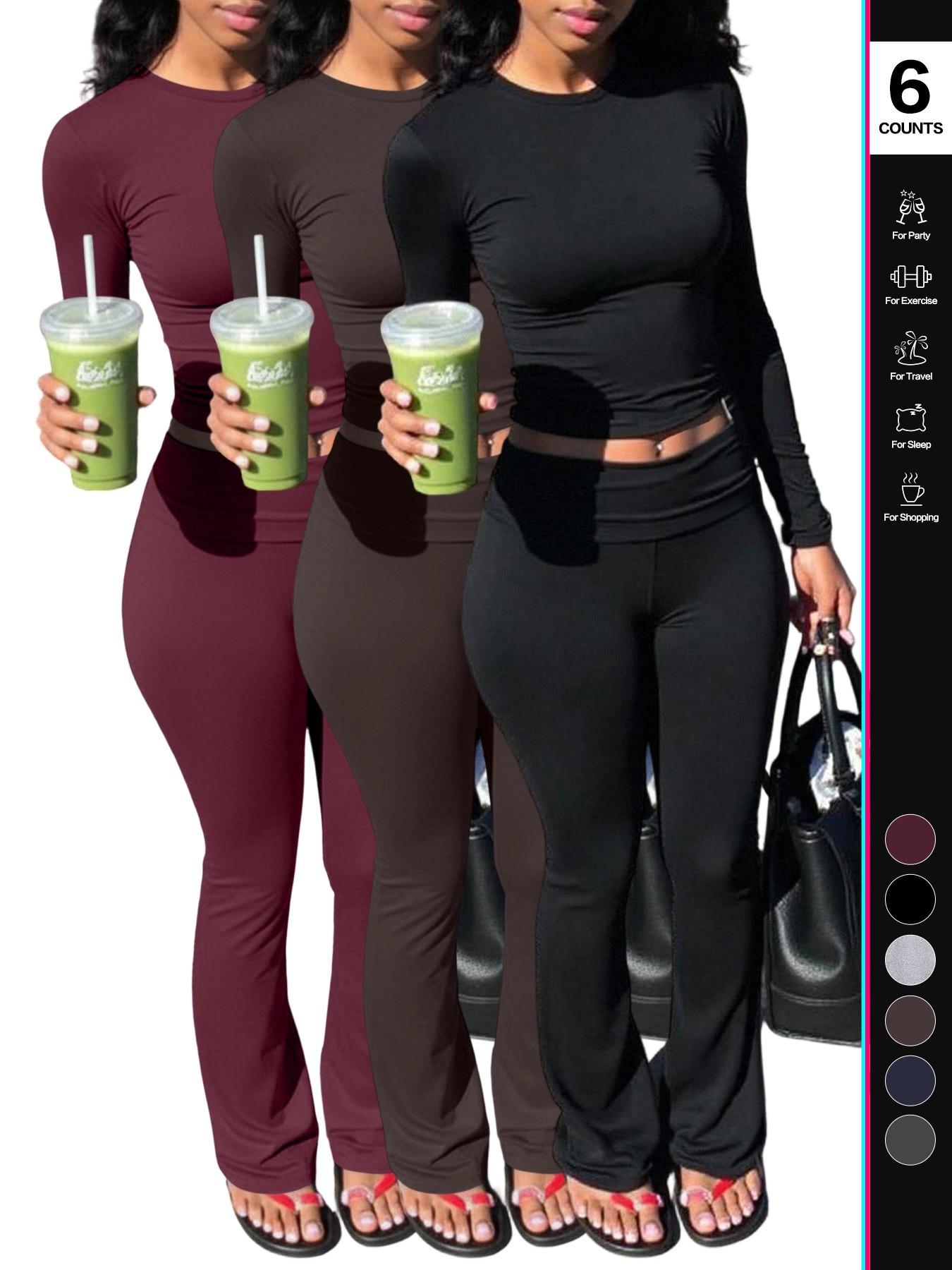 Women's 2 Piece, Foldover Flare Pants & Long Sleeve Crew Neck T-Shirt, Fitted Pajama Sets, Casual Comfortable Sleepwear