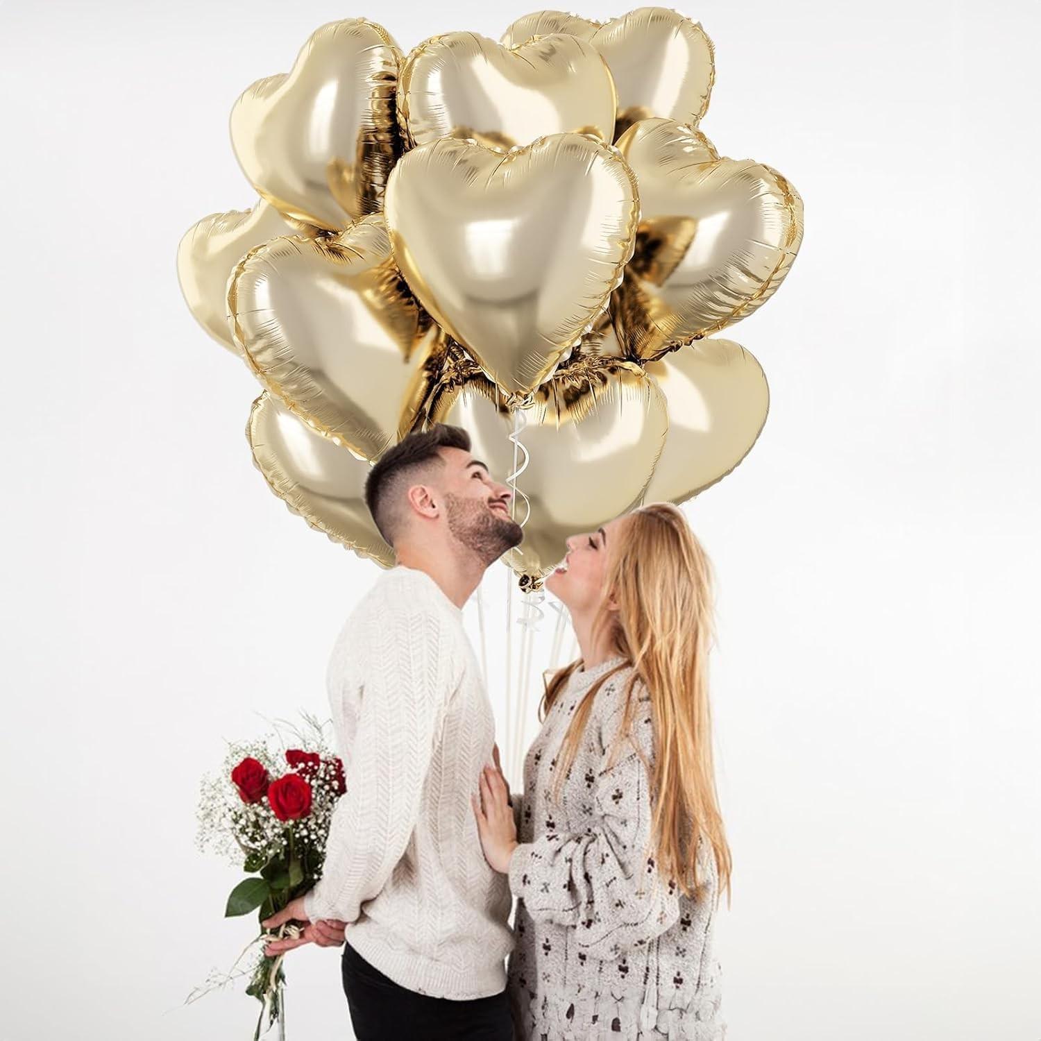 Golden heart-shaped balloon, 18 inch 12 piece set, gold foil heart-shaped balloon with 2 accessories, suitable for birthday parties, weddings, baby parties
