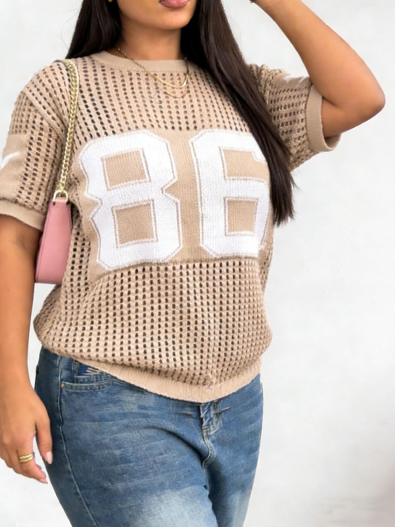 Plus Size Women's Digital Print Hollow Out Sweater, Casual Fashion Sporty Round Neck Knit Top, Summer Wear, Daily Clothing