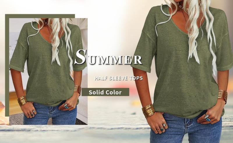 PiePieBuy Women's Women Soft V Neck Tshirt Half Sleeve Lightweight Solid Color Loose Fit Minimalist Top  Casual Comfortable Simple Womenswear shirts
