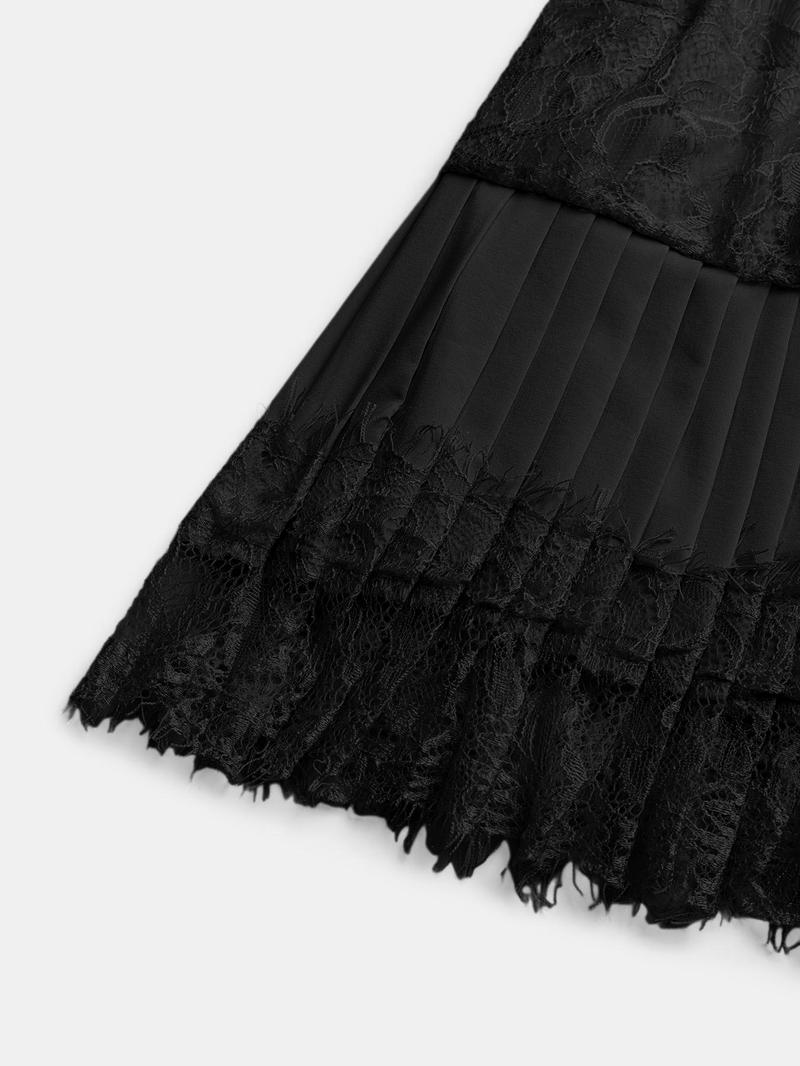 Women's Lace Patchwork Pleated Short Skirt, Sweet Elegant Style, Show Leg Length, Plain Pattern, S Type Silhouette