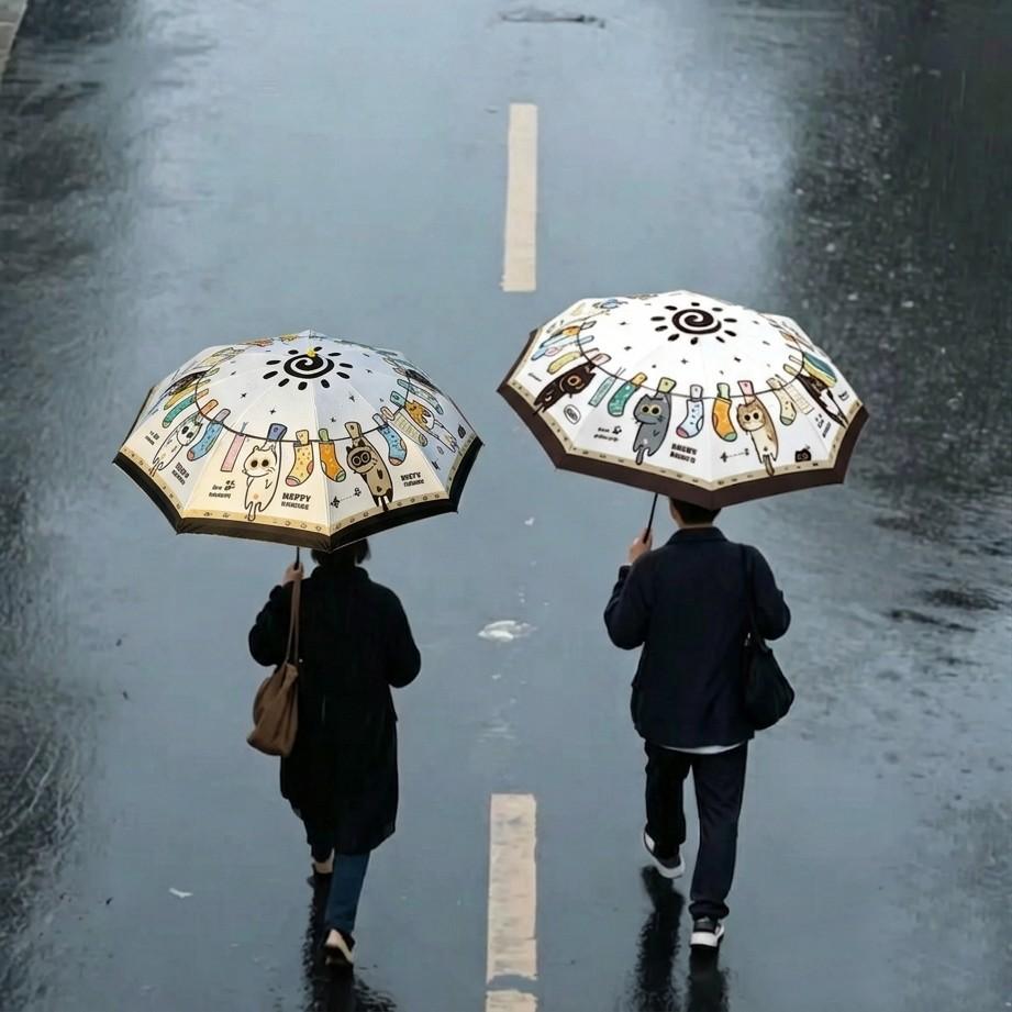 Original Design Cat Party Three-Fold Umbrella, Portable Foldable Sunshade, UV Protection, Inner Lining, Rain and Sunny Use