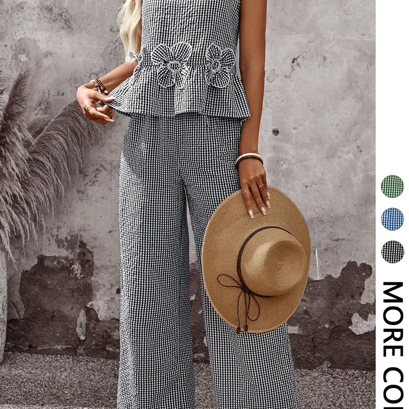 Women's Summer Vacation Casual Sleeveless Floral Top and Loose Pants Set, Plaid Lounge Set, 2 Piece, Comfortable and Stylish Clothes, Summer Outfit Set