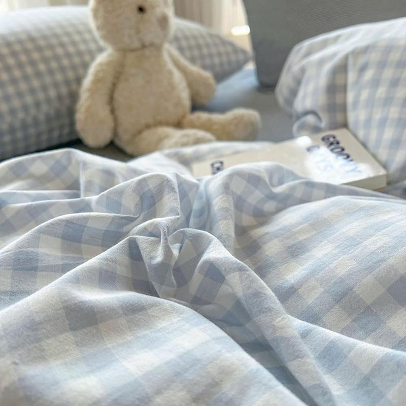 3-Piece Plaid Duvet Cover Set, Large Blue Grid Bedding, Soft Breathable Washed Microfiber, Includes Pillowcases, Bedroom Furniture, Machine Washable Duvet