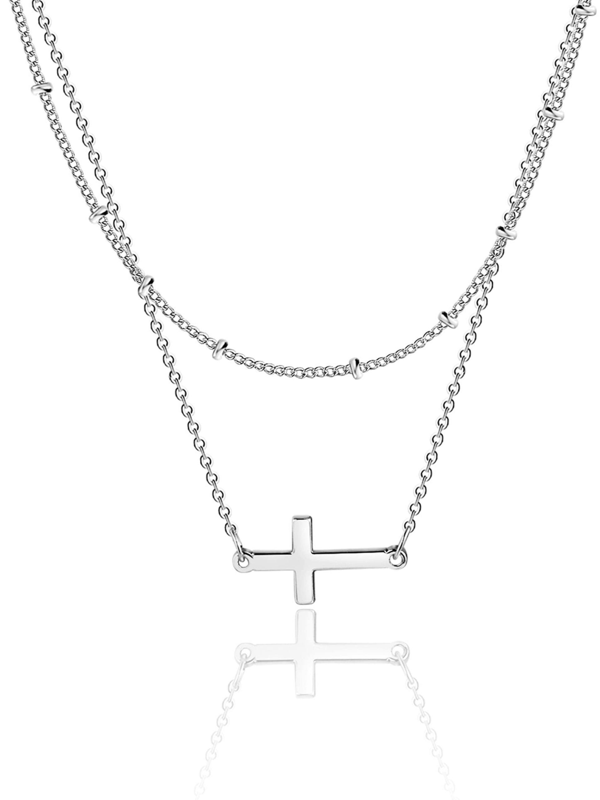 Women's Stainless Steel Cross Chain Beaded Necklace, Elegant Minimalist Design, Double Layer Crucifix Pendant Jewelry
