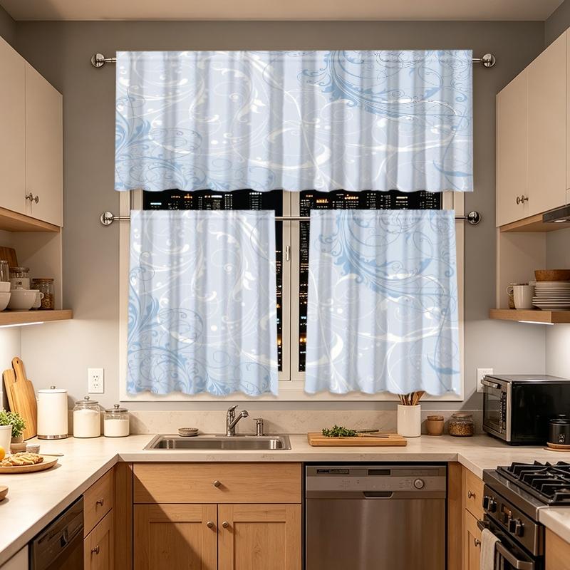 3pcs Blue Floral Pattern Elegant Curtains, Kitchen Living Room Decor Valance Set, Cafe Restaurant Home Drapes, Multi-Scene Use, Gift for Family Friends