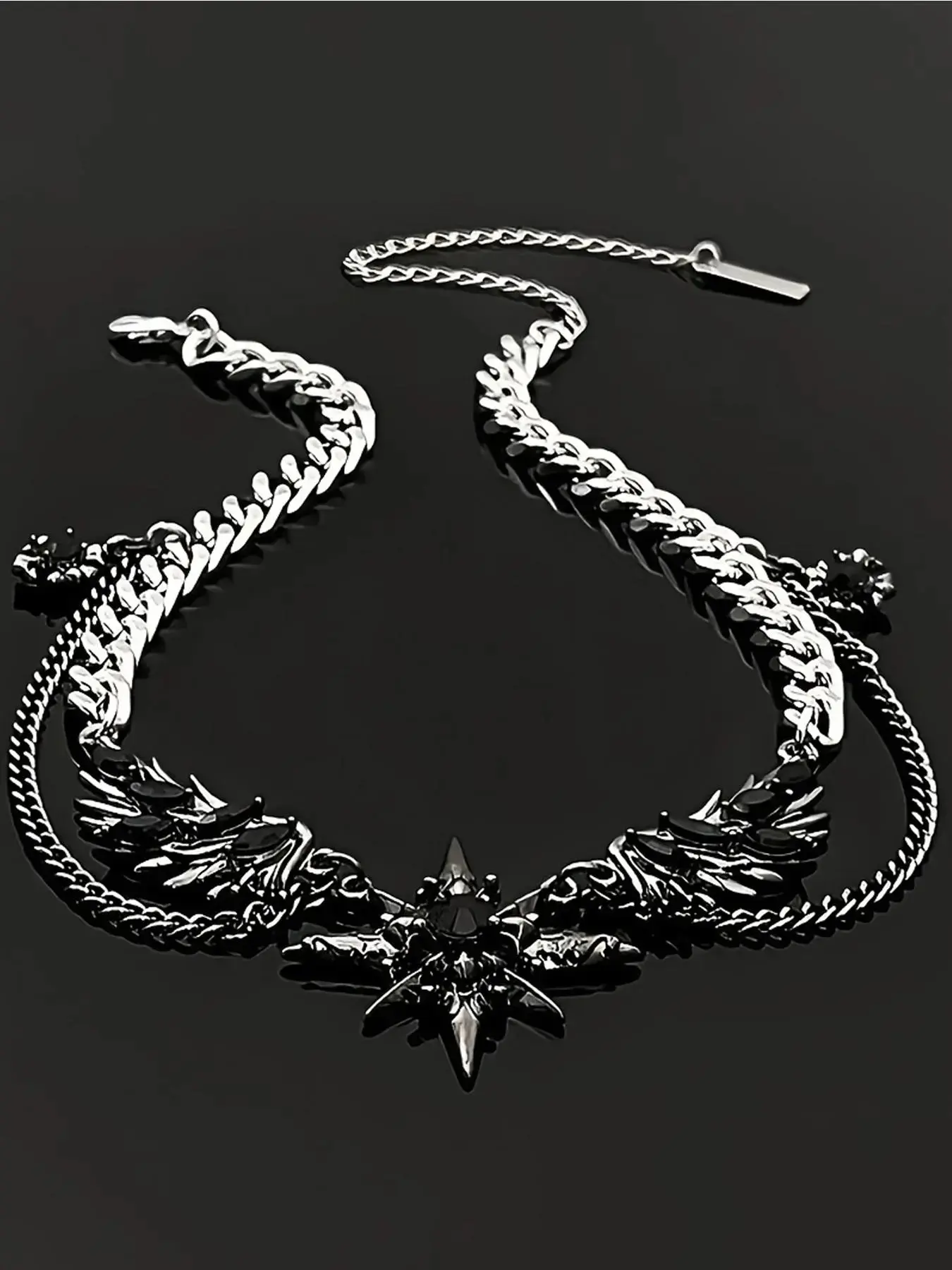 Hiphop Trendy Dark Style Starburst Wings Design Necklace, Punk Personalized Unisex Party Hiphop Necklace, Men Women Fashion Jewelry, Star Shine Necklace, Bling Chain, Alloy Necklace