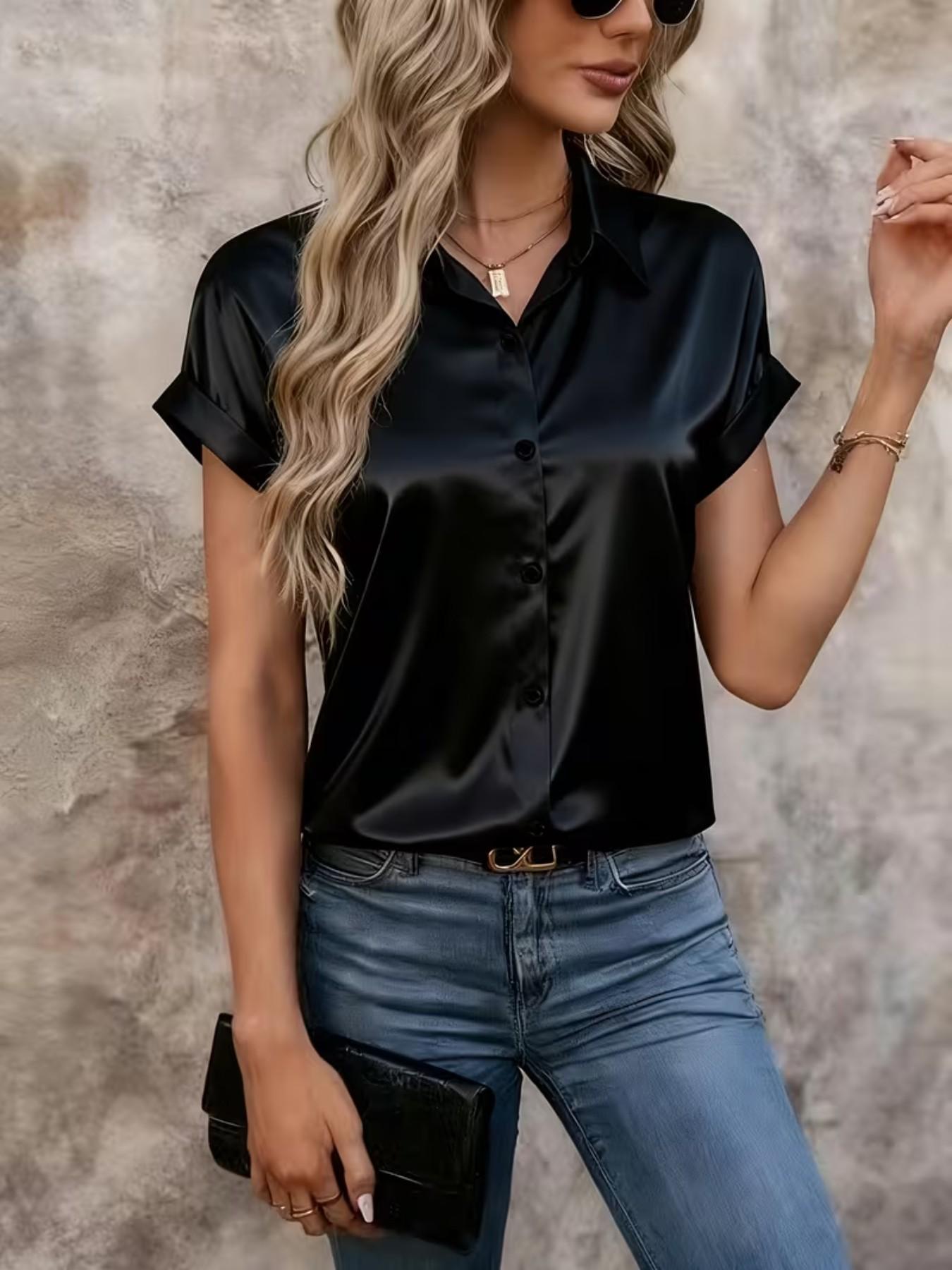Women's Simple Commuter Style Short Sleeve Satin Shirt, Fashionable Solid Color Top with Drop Shoulder Design, Elegant Women's Blouse for Daily Wear