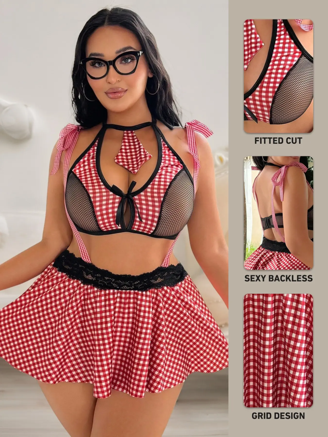 Valentine's Day Rose Plaid Skirt Role Play Plus Size Student Cosplay Set, Sexy Lingerie 3 Piece, Casual Fitted All Seasons curvy sexy rave outfit