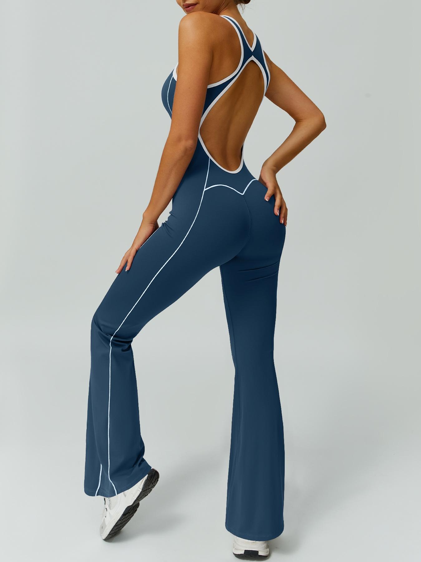 Women's color blocked backless jumpsuit comfortable and nude with a cinched waist sleeveless U-neck wide leg flared pants yoga clothes jumpsuit suitable for gym training outdoor running dancing tennis seasonal fashion contrasting Backless Sports Jumpsuit