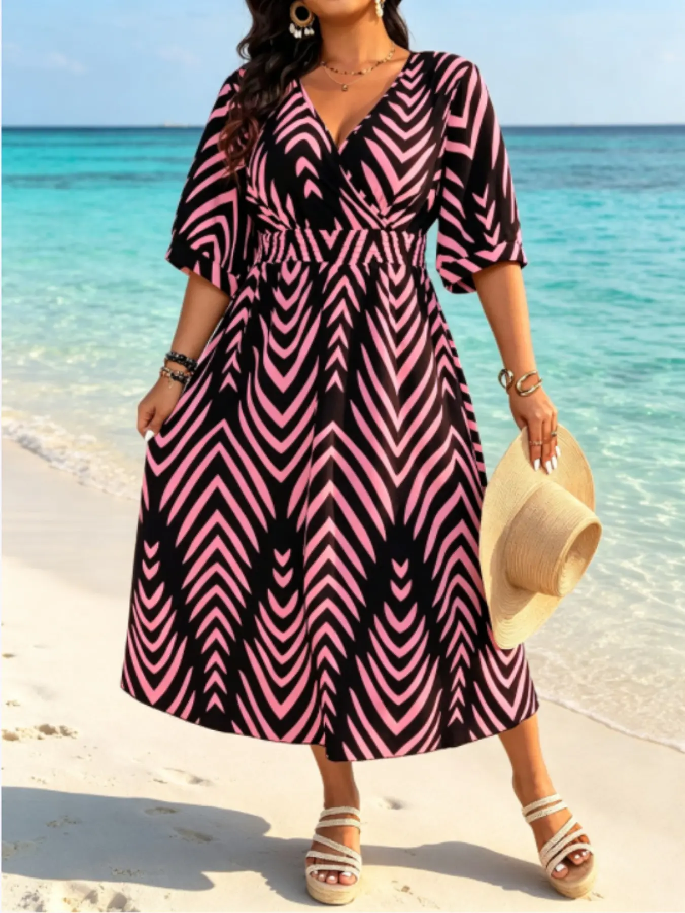 Plus Size V Neck Waist Cinch Striped Print Dress, Boho Printed Dress, Vintage Boho Style, Elastic Waist Split Midi Sleeve, Plus Size Women's Casual Wear Summer Vacation Office Wear Casual Beach Sundress