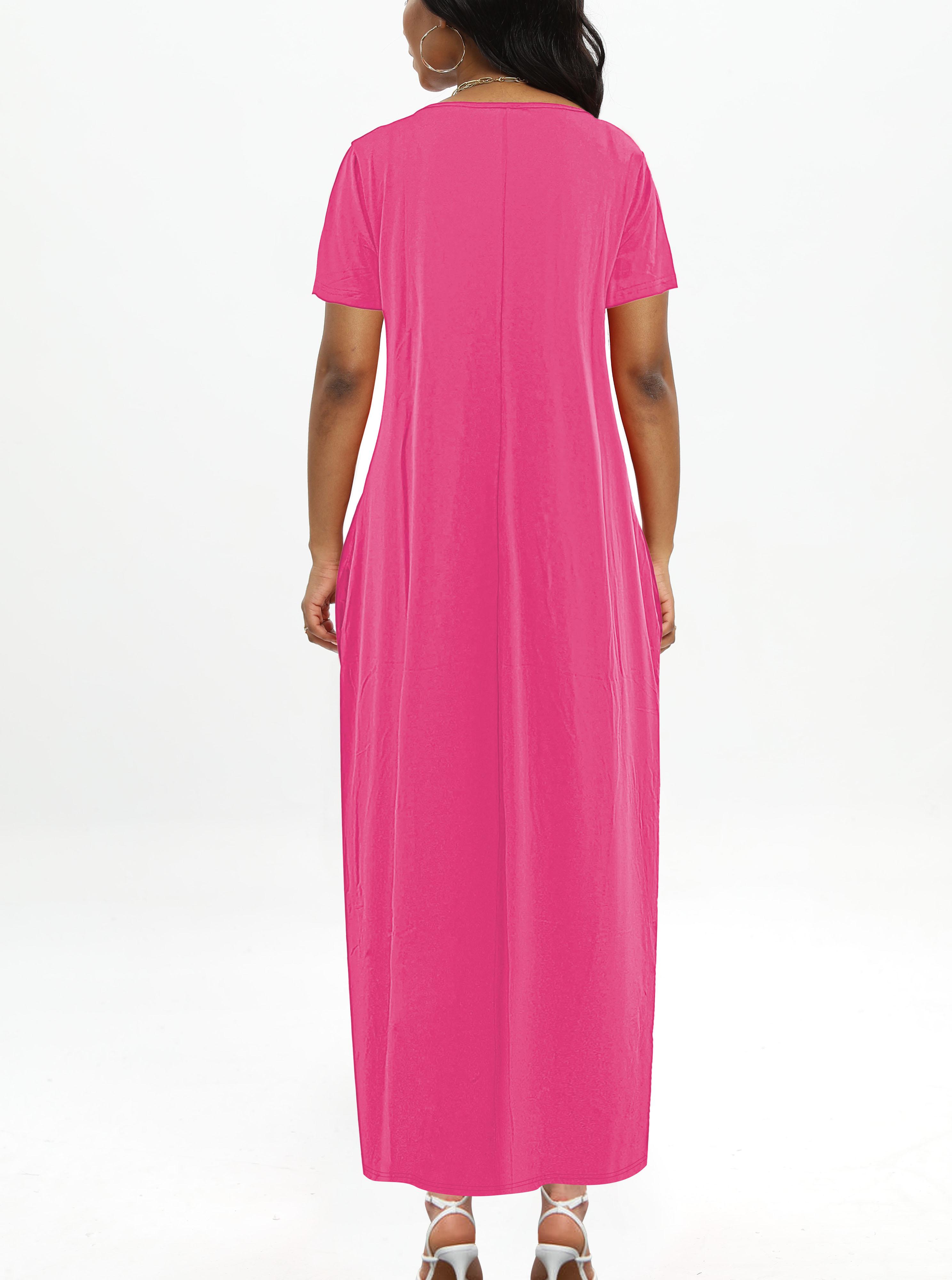 Plus Size Round Neck Short Sleeve Maxi Dress, Loose Flowy Hem, Curvy Friendly Long Dress