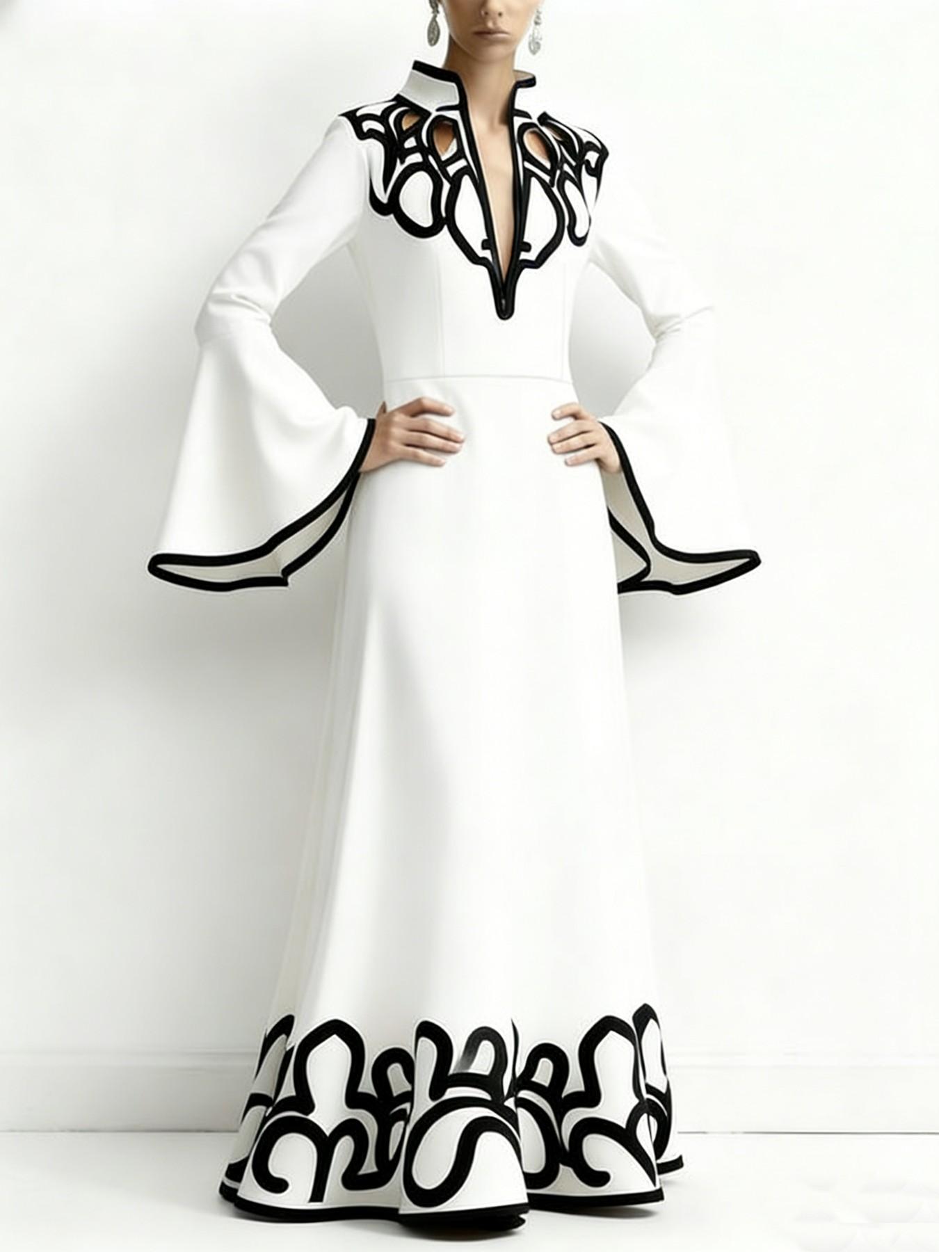 Women's A-Line Flare Sleeve Abstract Print Colorblock Cut-Out Patchwork Stand Collar Long Dress, Elegant Casual Fashion