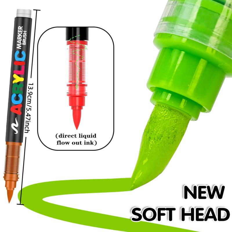 Acrylic Paint Markers Brush Tip, Acrylic Drawing Markers, Acrylic Paint Pens with Direct-Liquid Ink System, Paint Markers for Rock Painting, Fabric, Wood, Canvas, Plastic, Washable, Quick-Drying, Waterproof