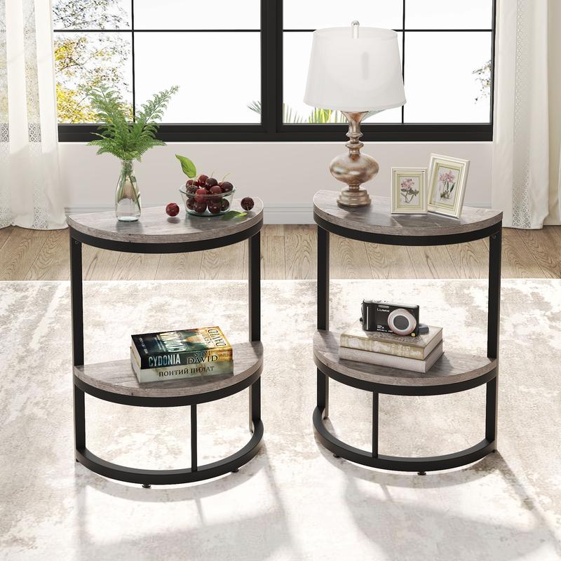 LITTLE TREE 2-Tier End Table Semi Circle, Small Half Round Side Table with Storage Shelf, Wood Accent Table Slim C Table for Sofa Couch, Living Room, Bedroom, Small Space, Easy Assembly