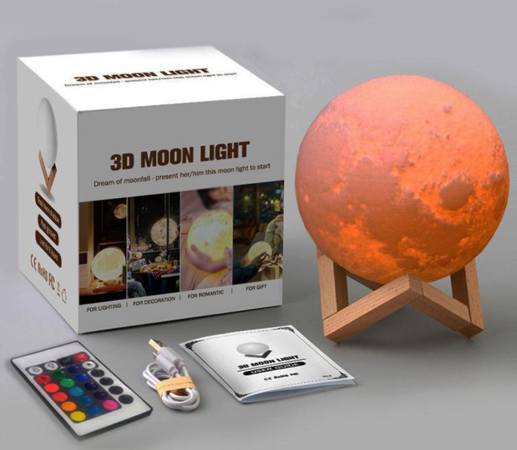 16-Color LED Moon Lamp with Stand and Remote Control Realistic 3D Carved Moon Surface Soft Frosted Lampshade Energy-Efficient LED Beads for Home Decoration and Night Light