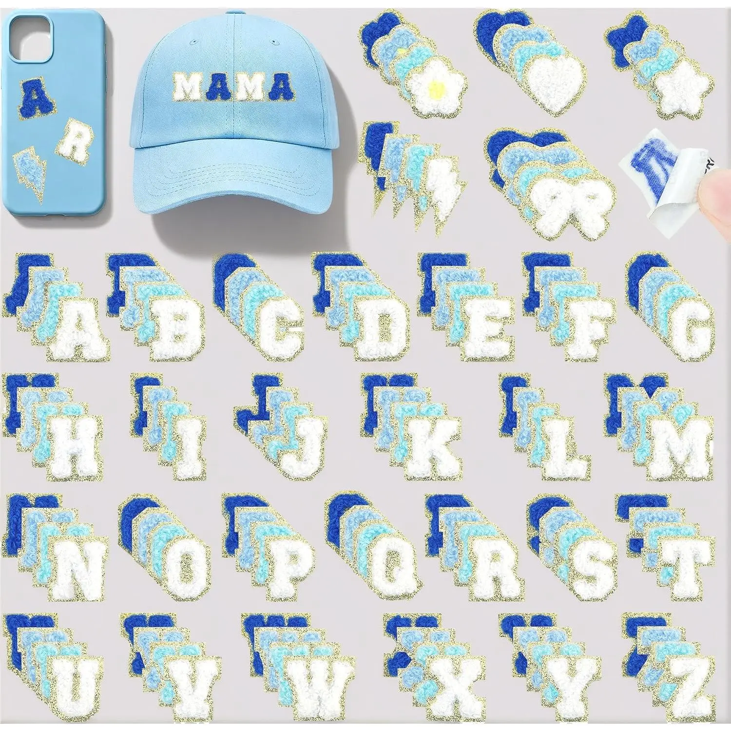 124PCS Mini Blue Chenille Letter Patches, Self‑Adhesive Patterned Alphabet Patches for DIY Jackets, Hats, Bags, Scrapbook & Clothing Decor