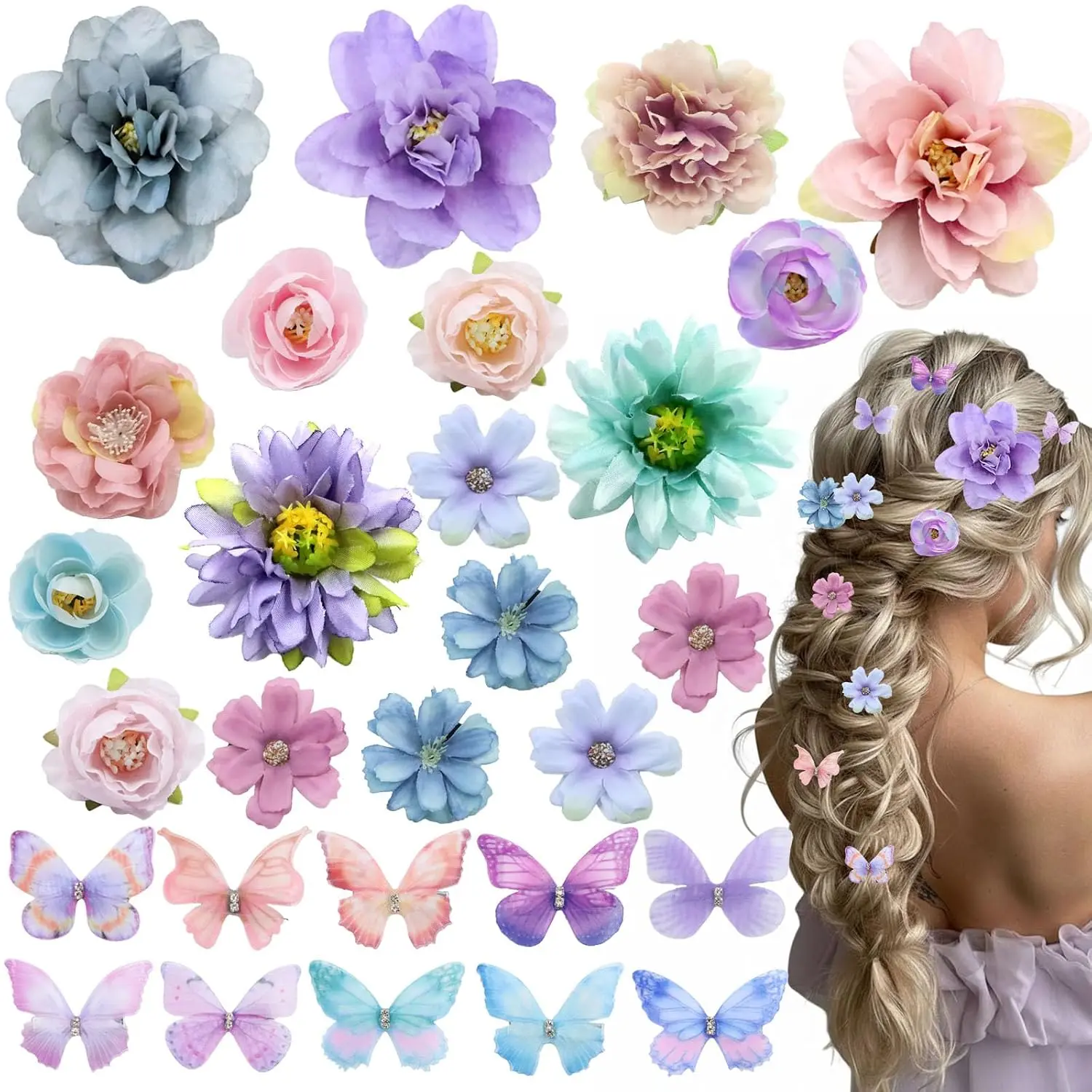 28 count Flower Butterfly Hair Clips Set, Boho Hair Accessories 18 count Hawaiian Silk Floral Clips 10 count Butterfly Headpiece for Women Festival, Romantic