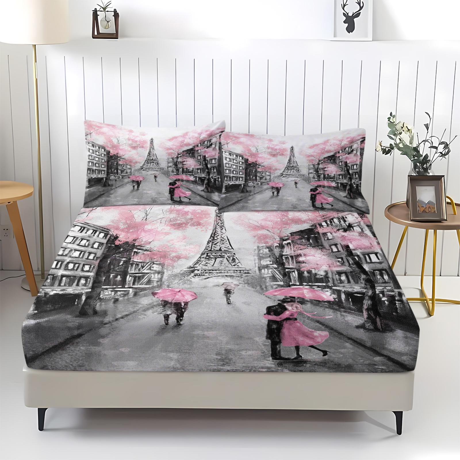 Paris Tower Print Bed Sheet Set, Comfortable Printed Pattern, Includes 1 Fitted Sheet & 2 Pillowcases, Anti-Slip Dustproof Cover