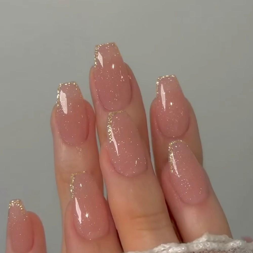 24pcs Nude Fine Gold French Nail Tips, Soft Diamond Gradient Nail Art Manicure, Luxurious Finish, Medium Square Shape