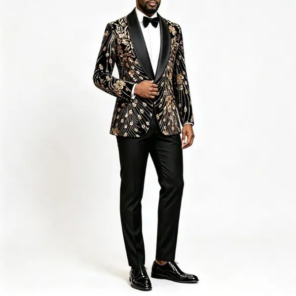 Men's Long Sleeve Velvet Floral Print Tuxedo Blazer - 1-Button Shawl Lapel Formal Suit Jacket for Dinner, Prom, Workwear Black, One Button Menswear
