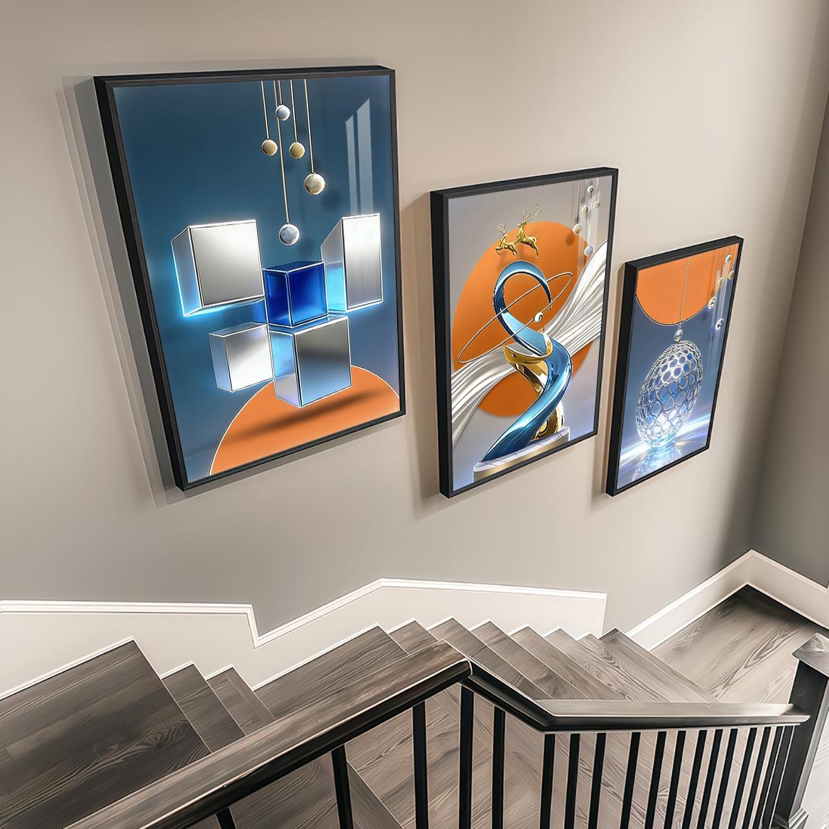 3 Counts Aluminum Alloy Framed Painting, Modern Abstract Geometric Sphere And Cube Art, Home Decoration For Living Room, Bedroom, Office, Restaurant, Hallway Wall Decor, Odorless Print Artwork, Luxury Perfect Gift For Friends And Family