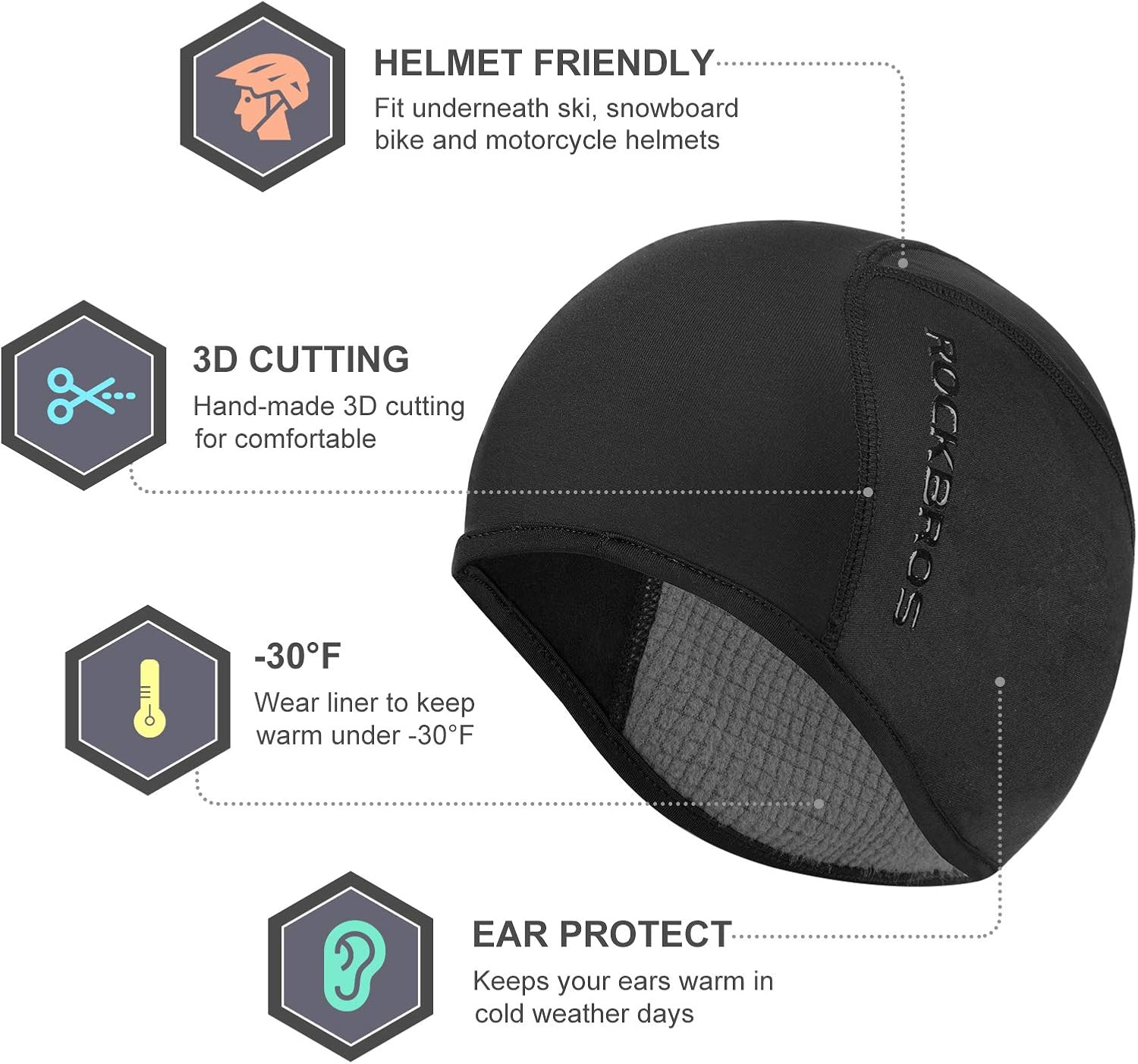 RROCKBROS Skull Cap Men's Winter Cycling Cap Windproof Warm Fleece Thermal Hat Helmet Liner Caps Black for Hiking Skiing Riding