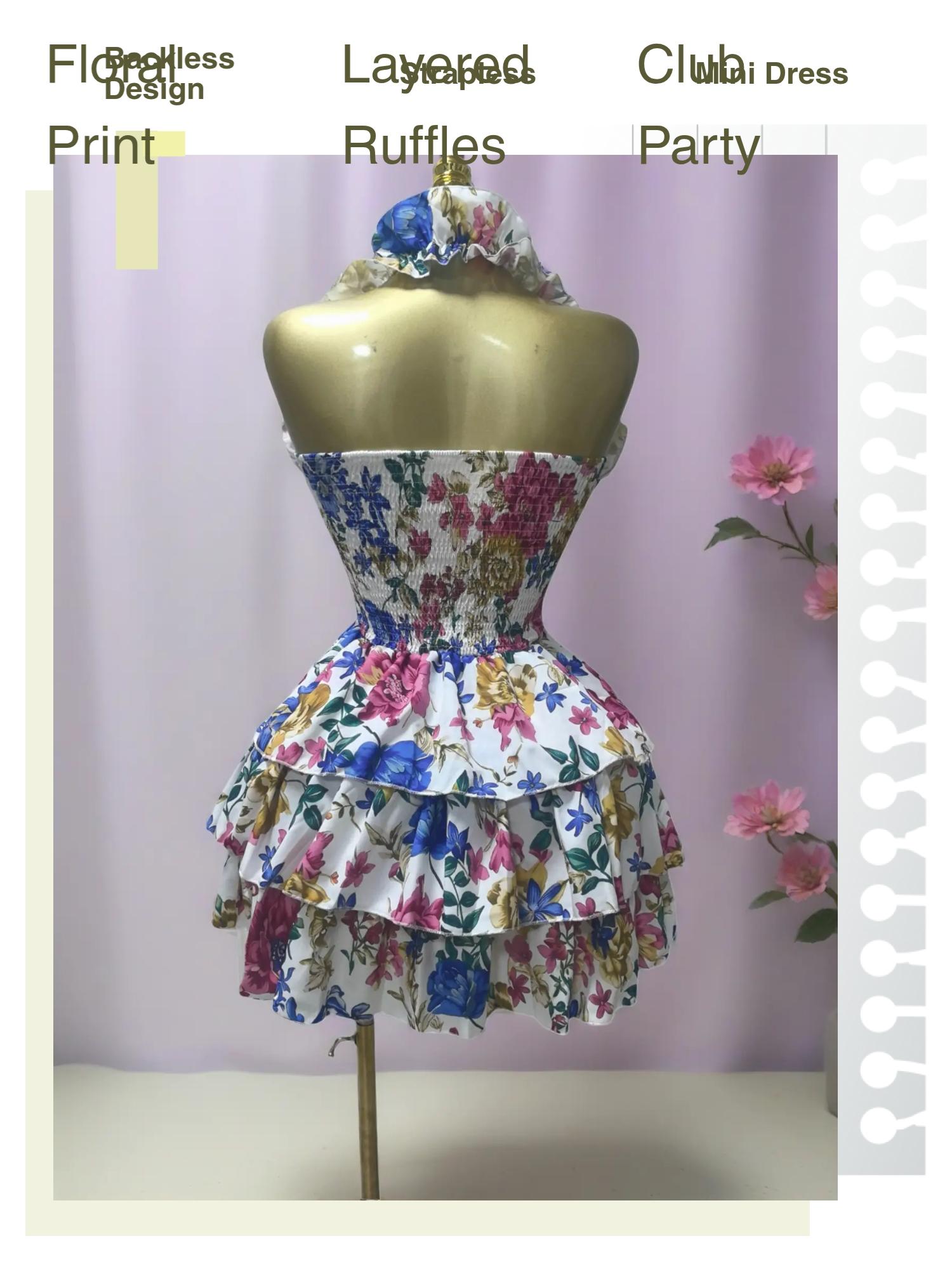 PULKRITU Elegant Women Sweet Sexy Club Party Outfit Dress, Women's Floral Print Backless Strapless Layered Ruffle Mini Prom Dress,Lady Casual Dresses,Female Brunch Dresses,Graduation Dress, Floral Evening Dress