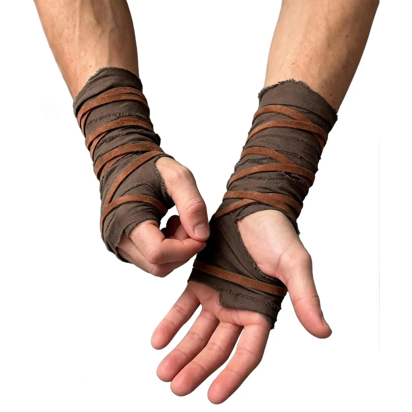 Unisex Medieval Leather Lace-Up Hand Wraps - Everyday Striped Fashion Gloves, Protective Hand Guards