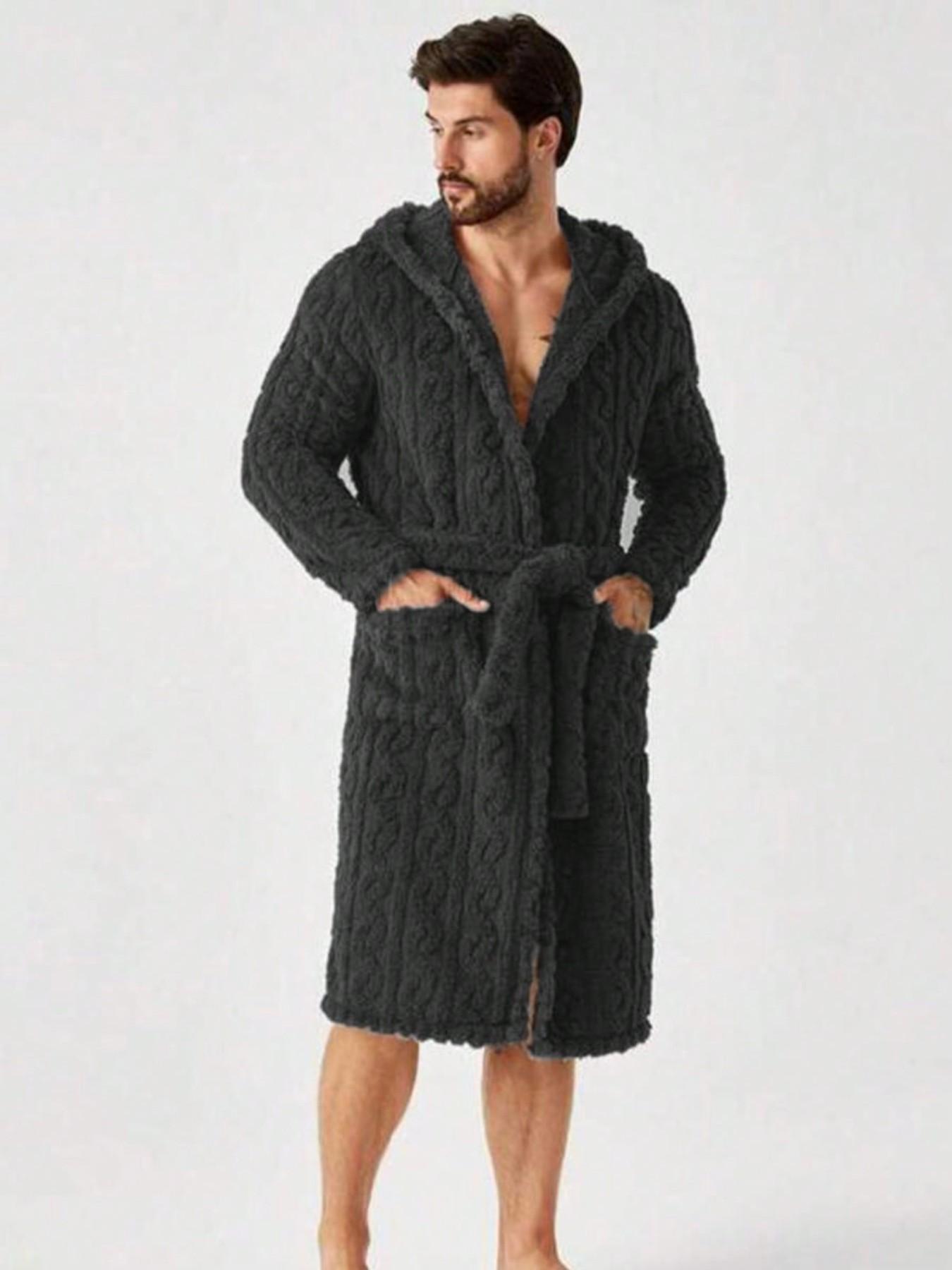 Men's Textured Pocket Belted Hooded Bathrobe, Loungewear, Casual Style, Comfortable and Stylish, Perfect for Relaxing at Home