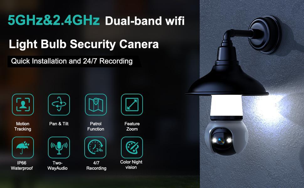 Hawkray Infrared night vision 5G and 2.4GHz wireless indoor/outdoor security camera with night vision, motion detection, 360° remote viewing, and real-time alerts Light bulb Cord