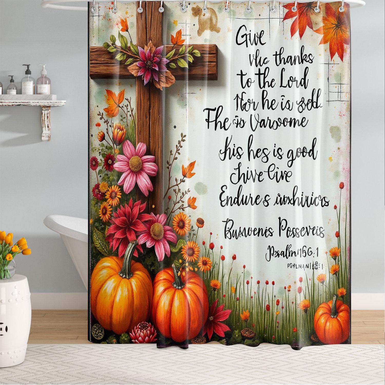 1/3/4PCS Thanksgiving Rustic Cross Flowers Pumpkins Shower Curtain Set with Rugs, Non Slip Bath Mat, U-Shape Carpet, Toilet Lid Cover, Polyester Fabric Bathtub Curtain Accessories, 12 Hooks, Home Bathroom Festival Decor