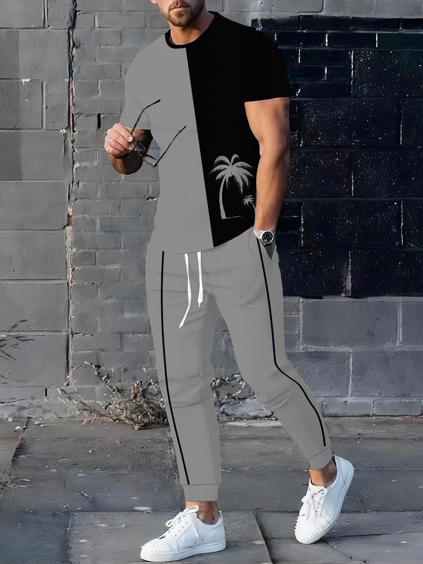 Men's Summer Palm Tree Print 2-Piece Set, Short Sleeve Tee + Mint Drawstring Joggers, Lightweight Casual