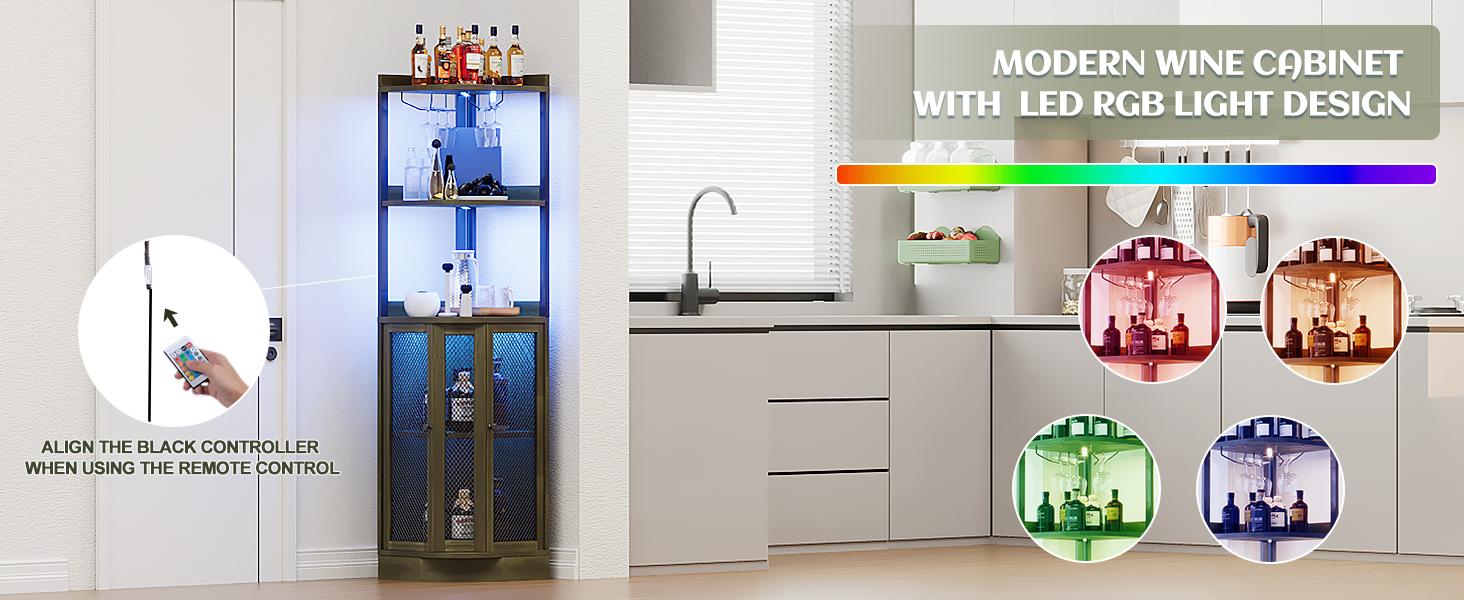 Corner Bar Cabinet with  Power Outlet and LED Strip, 65" H 5-Tier Corner Liquor Wine Display Cabinet for Home, Corner Bar and Storage Solution, for Living Room, Kitchen, Home Bar, Furniture,Gray