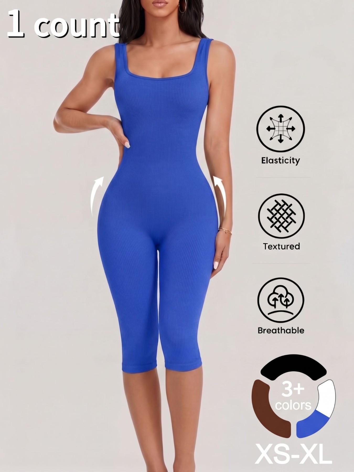1/2PCS Women's Yoga Capri Jumpsuit Square Neck Backless Tummy Control Butt Lifting, Yoga Workout Jumpsuits Workout Shorts Romper Seamless Ribbed Sleeveless Unitard Fitness Gym for Gym Sports