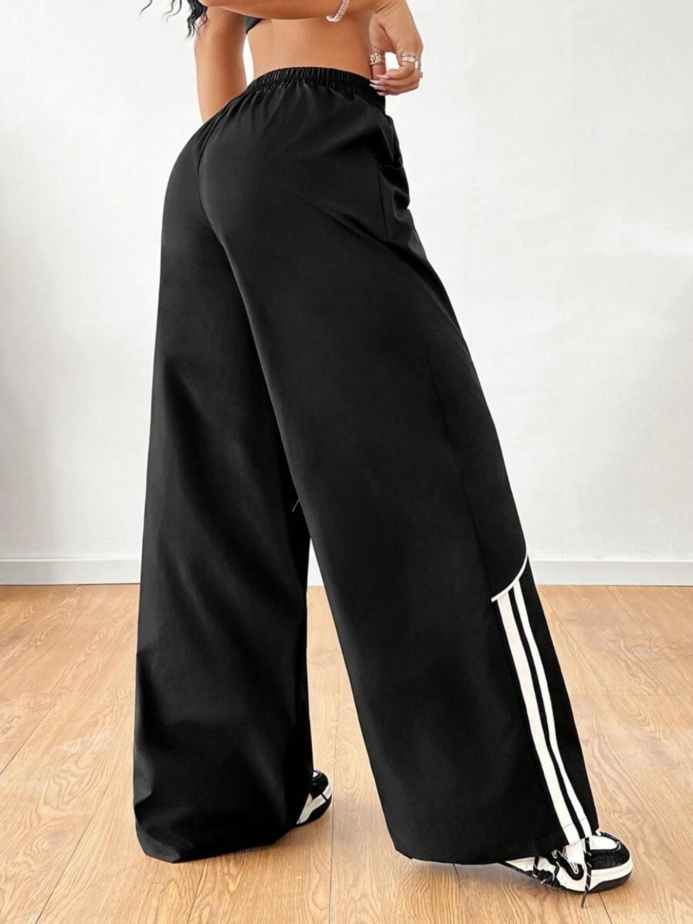 Fashionable American High Street Style Patchwork Design Sporty Women's Long Pants, Loose-Fitting Drop Waist, Elastic Waist, All Seasons